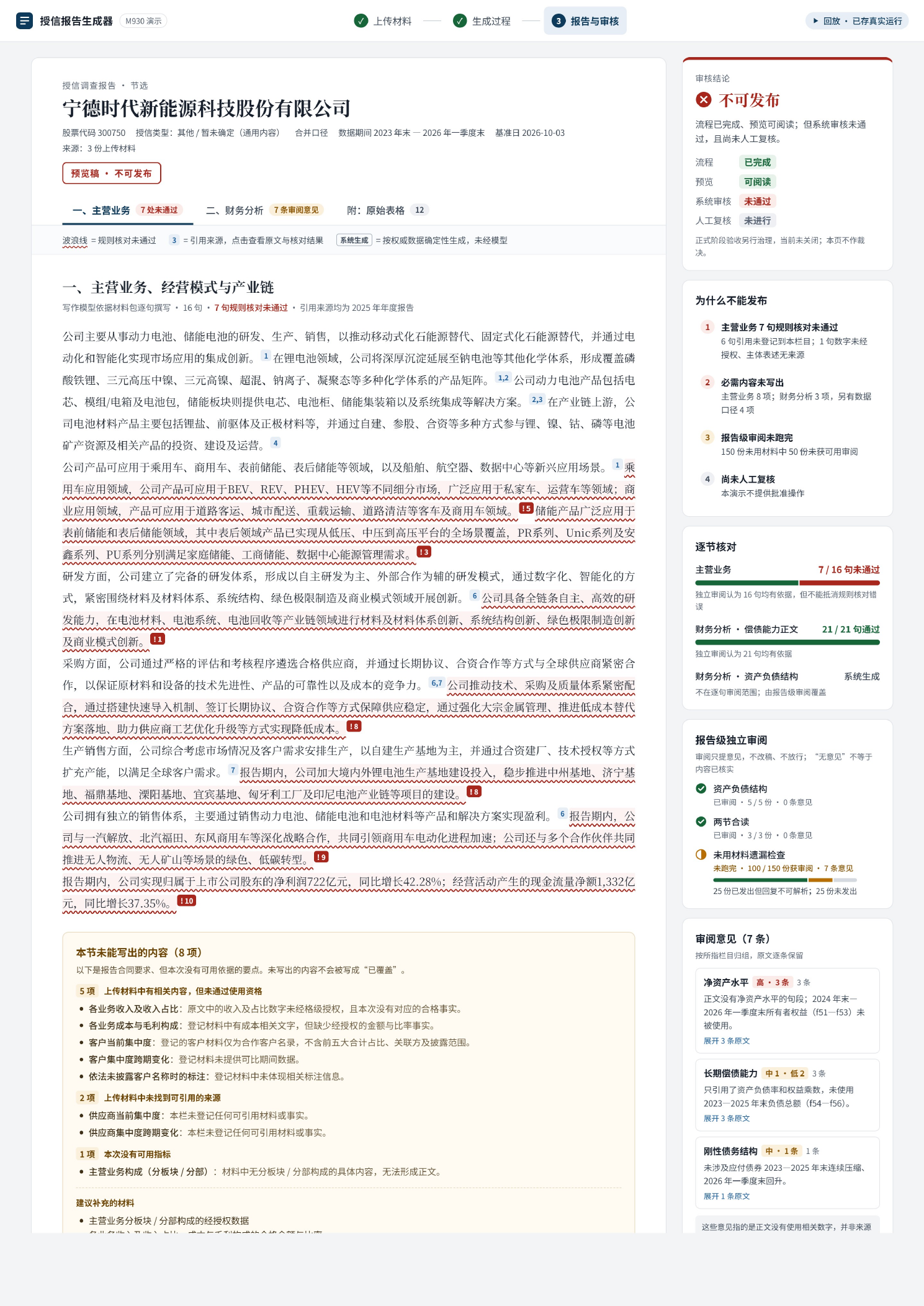 授信报告生成器演示界面：报告正文、独立审阅和交付状态